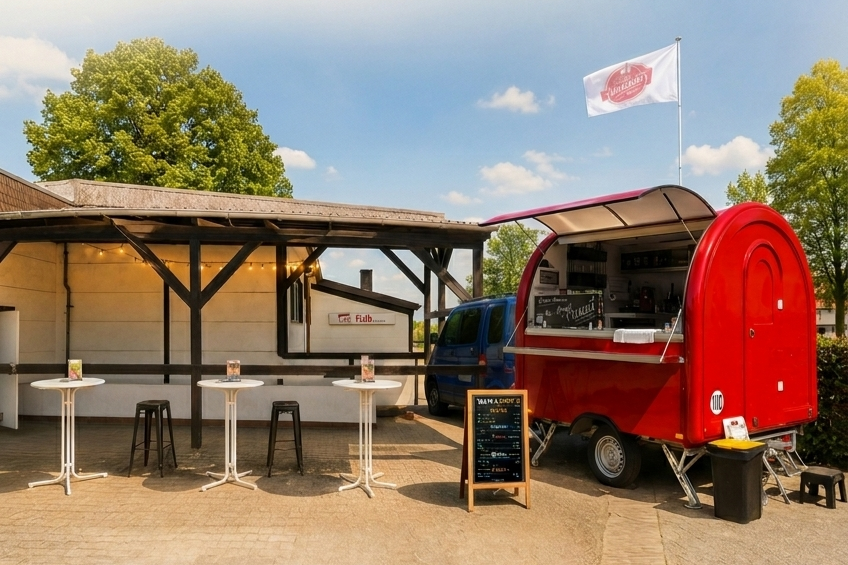 Roter Weintrailer von Anny's Auszeit mit Menütafel und Gläsern